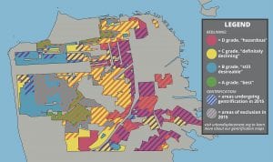 Map of San Francisco highlighting redlining and gentrification.